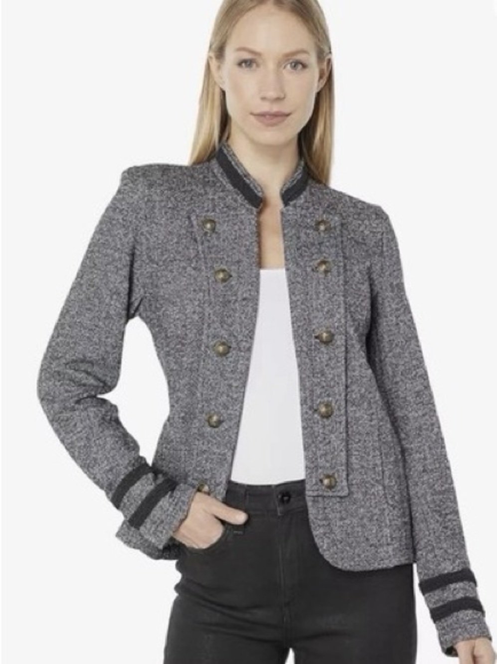 Tommy Hilfiger Marled Military Band Jacket Open Front Gold Buttons Smaller NWOT